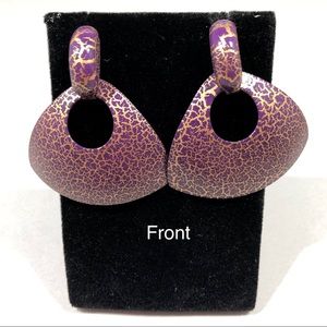 EARRINGS - Triangle Purple and Gold Speckled pierced earrings.